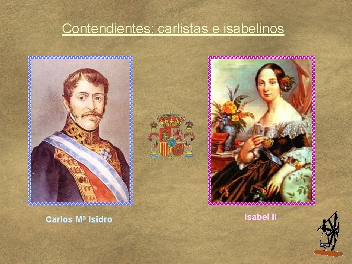 Contendientes: carlistas e isabelinos Carlos Mª Isidro Isabel II 
