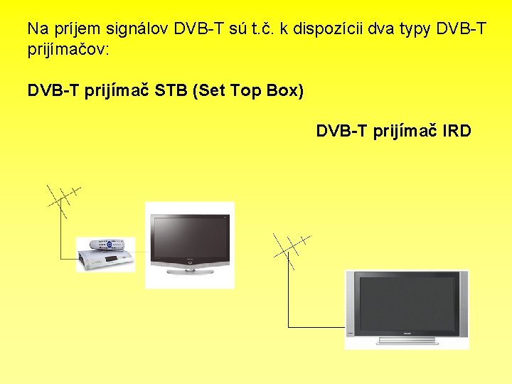 Na príjem signálov DVB-T sú t. č. k dispozícii dva typy DVB-T prijímačov: DVB-T