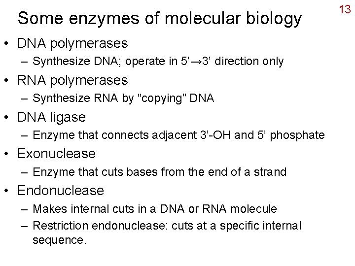 Some enzymes of molecular biology • DNA polymerases – Synthesize DNA; operate in 5’→