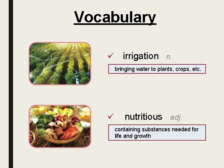 Vocabulary ü irrigation n. bringing water to plants, crops, etc. ü nutritious adj. containing