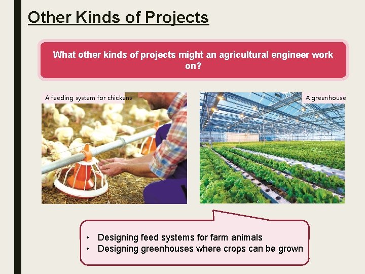 Other Kinds of Projects What other kinds of projects might an agricultural engineer work