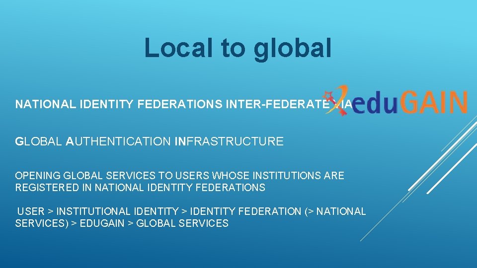 Local to global NATIONAL IDENTITY FEDERATIONS INTER-FEDERATE VIA GLOBAL AUTHENTICATION INFRASTRUCTURE OPENING GLOBAL SERVICES