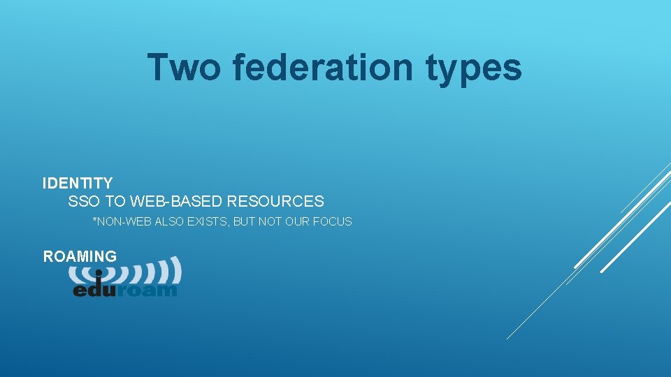 Two federation types IDENTITY SSO TO WEB-BASED RESOURCES *NON-WEB ALSO EXISTS, BUT NOT OUR