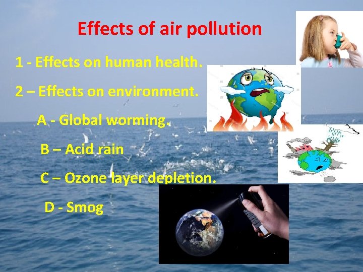 Effects of air pollution 1 - Effects on human health. 2 – Effects on