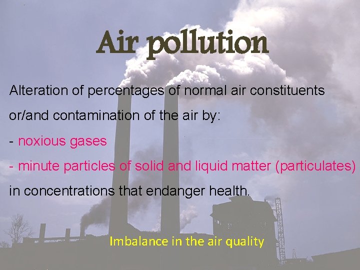 Air pollution Alteration of percentages of normal air constituents or/and contamination of the air