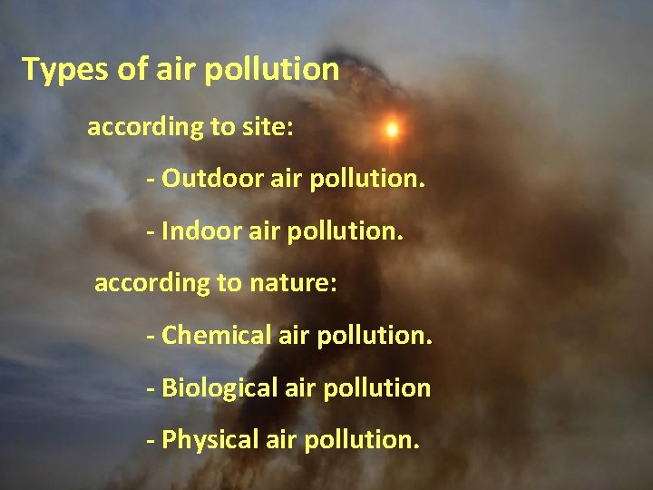 Types of air pollution according to site: - Outdoor air pollution. - Indoor air