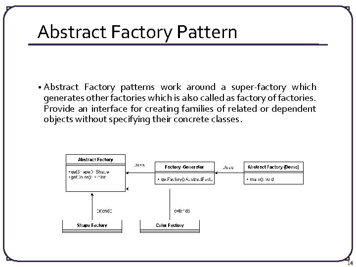 Abstract Factory Pattern • Abstract Factory patterns work around a super-factory which generates other