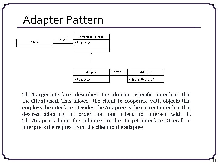 Adapter Pattern The Target interface describes the domain specific interface that the Client used.