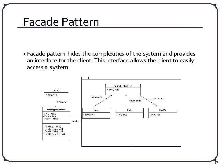 Facade Pattern • Facade pattern hides the complexities of the system and provides an