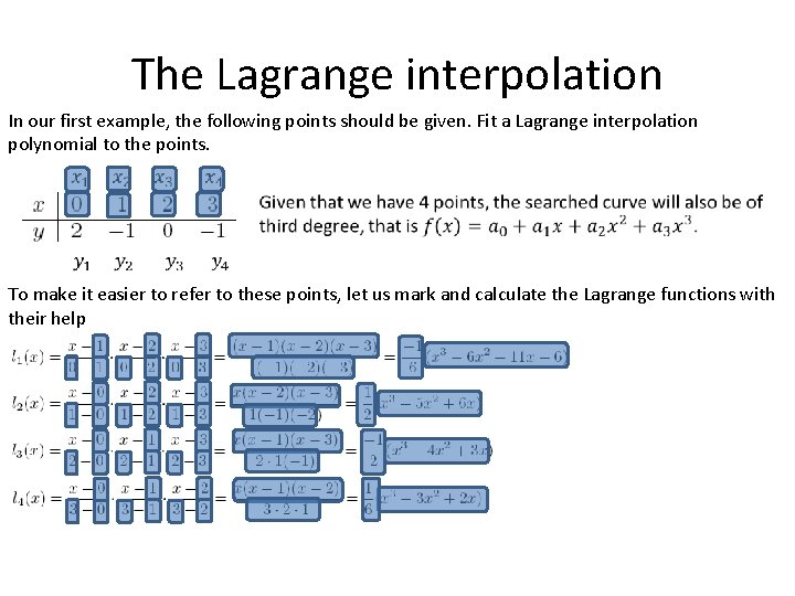 The Lagrange interpolation In our first example, the following points should be given. Fit