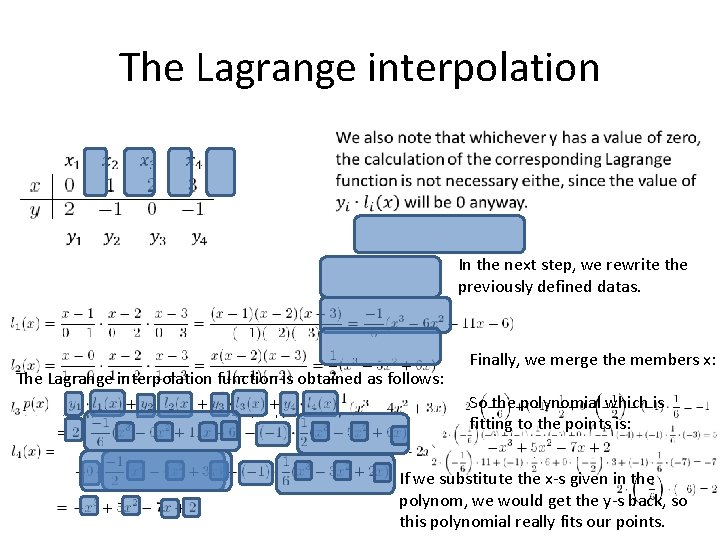 The Lagrange interpolation In the next step, we rewrite the previously defined datas. The