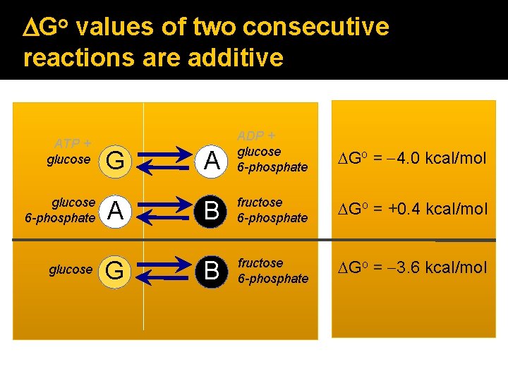 DGo values of two consecutive reactions are additive ATP + glucose 6 -phosphate glucose