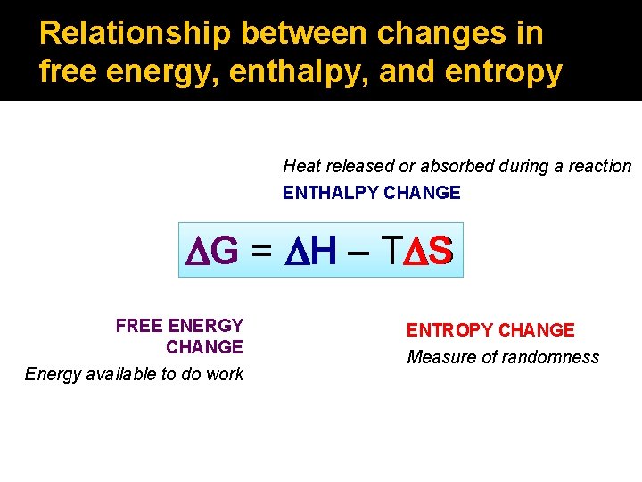 Relationship between changes in free energy, enthalpy, and entropy Heat released or absorbed during