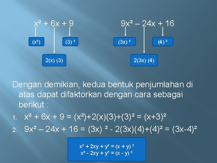 x² + 6 x + 9 (x²) (3) ² 2(x) (3) 9 x² –