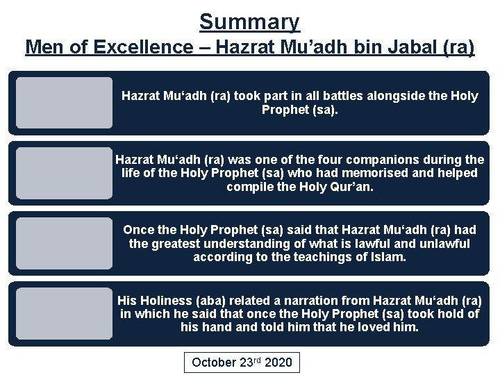 Summary Men of Excellence – Hazrat Mu’adh bin Jabal (ra) Hazrat Mu‘adh (ra) took