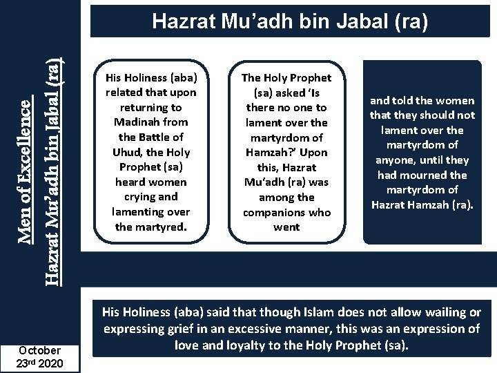 Men of Excellence Hazrat Mu’adh bin Jabal (ra) October 23 rd 2020 His Holiness