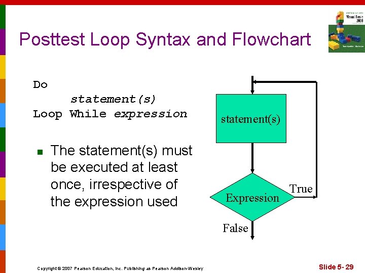Posttest Loop Syntax and Flowchart Do statement(s) Loop While expression n The statement(s) must