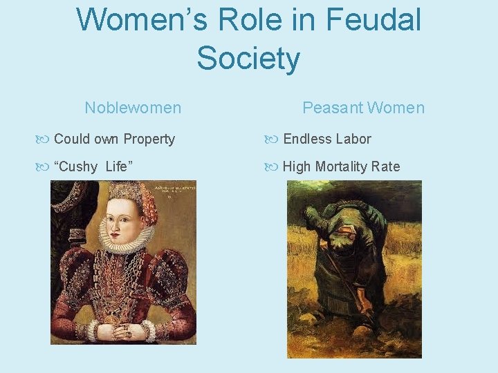 Women’s Role in Feudal Society Noblewomen Peasant Women Could own Property Endless Labor “Cushy