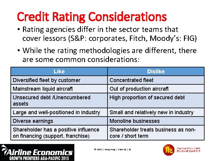 Credit Rating Considerations • Rating agencies differ in the sector teams that cover lessors