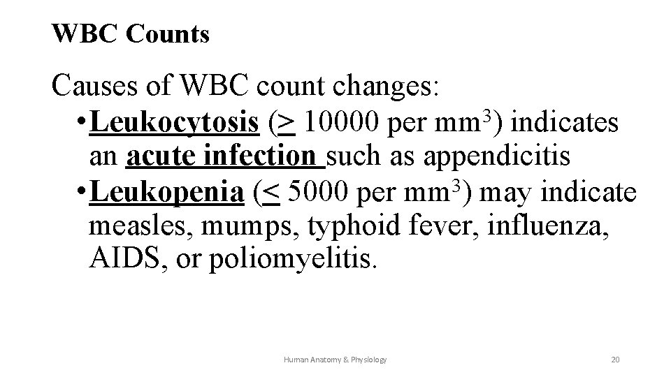 WBC Counts Causes of WBC count changes: 3 • Leukocytosis (> 10000 per mm