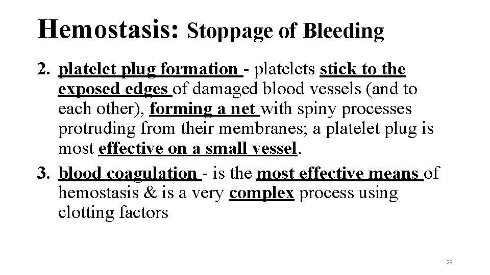 Hemostasis: Stoppage of Bleeding 2. platelet plug formation - platelets stick to the exposed