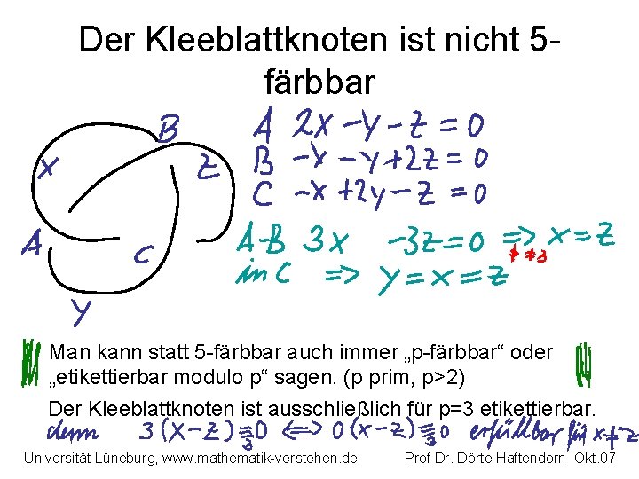 Der Kleeblattknoten ist nicht 5 färbbar Man kann statt 5 -färbbar auch immer „p-färbbar“