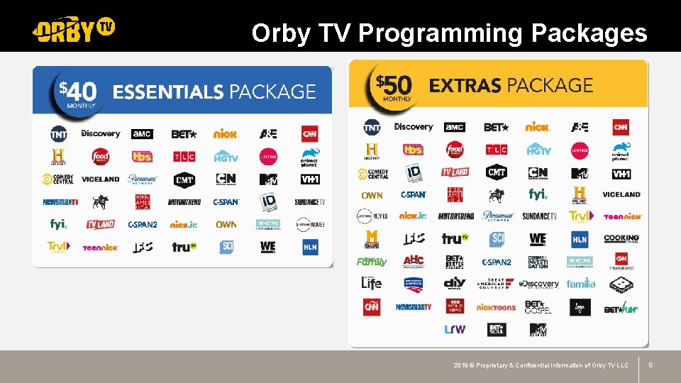Orby TV Programming Packages 2019 © Proprietary & Confidential Information of Orby TV LLC