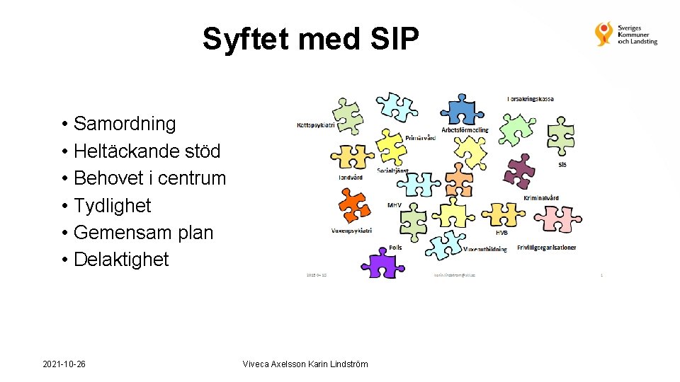 Syftet med SIP • • • Samordning Heltäckande stöd Behovet i centrum Tydlighet Gemensam