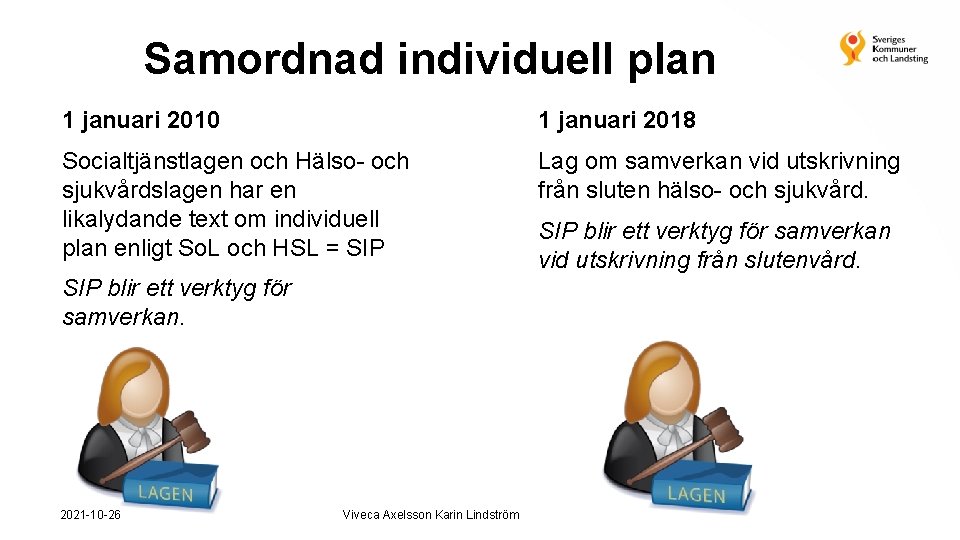 Samordnad individuell plan 1 januari 2010 1 januari 2018 Socialtjänstlagen och Hälso- och sjukvårdslagen