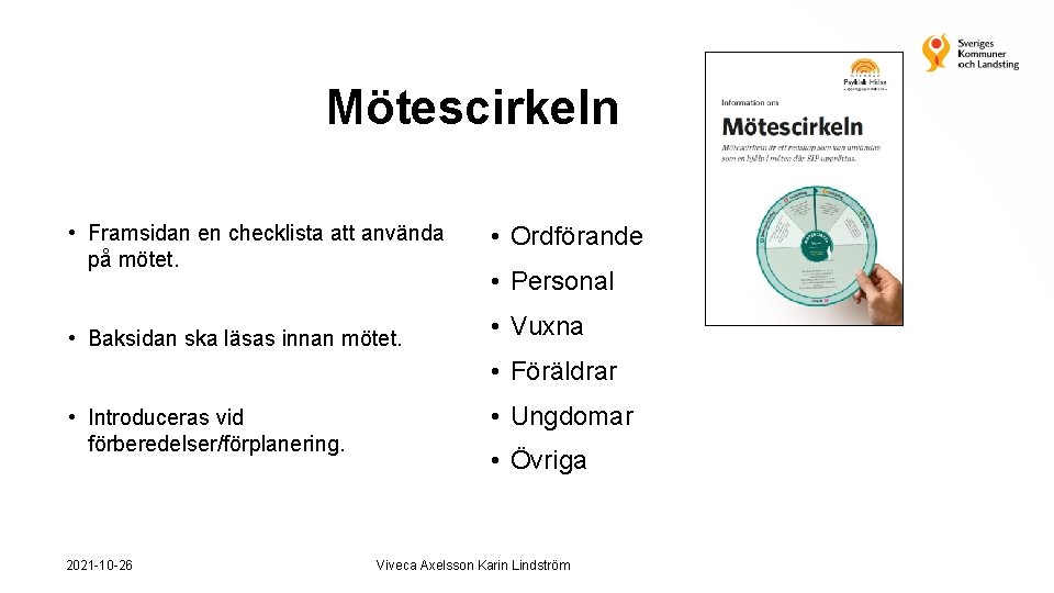 Mötescirkeln • Framsidan en checklista att använda på mötet. • Baksidan ska läsas innan