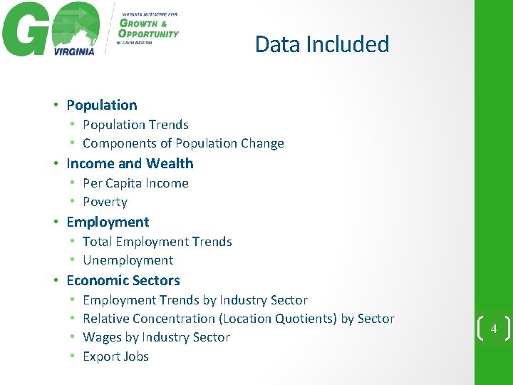 Data Included • Population Trends • Components of Population Change • Income and Wealth