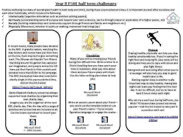Year 8 PSHE half term challenges Positive wellbeing is a state of overall good
