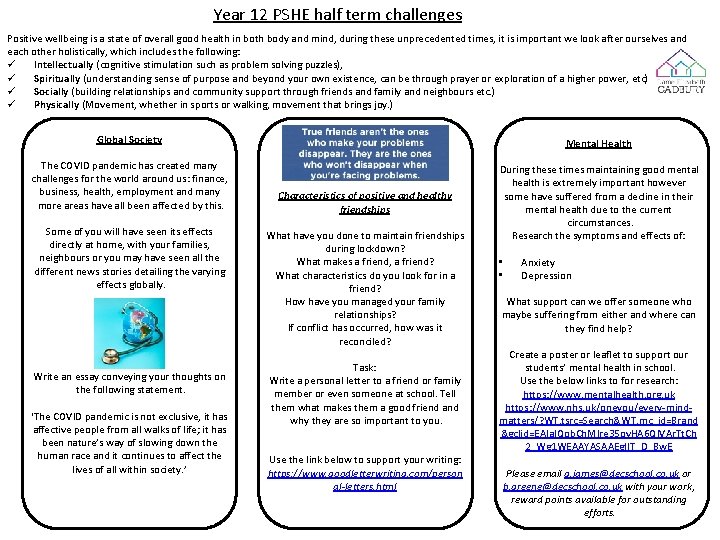 Year 12 PSHE half term challenges Positive wellbeing is a state of overall good