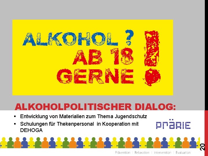 ALKOHOLPOLITISCHER DIALOG: 20 § Entwicklung von Materialien zum Thema Jugendschutz § Schulungen für Thekenpersonal