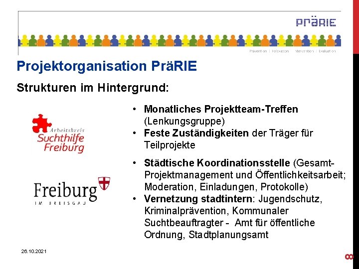 Projektorganisation PräRIE Strukturen im Hintergrund: • Monatliches Projektteam-Treffen (Lenkungsgruppe) • Feste Zuständigkeiten der Träger