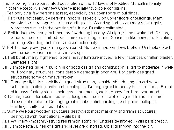 The following is an abbreviated description of the 12 levels of Modified Mercalli intensity.