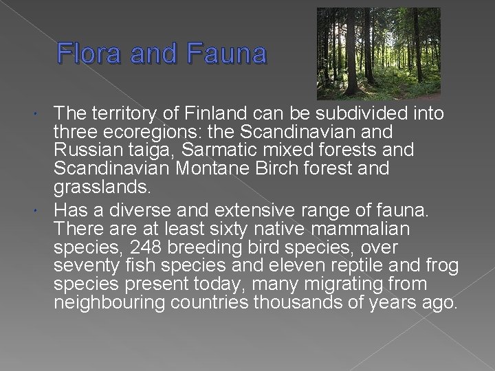 Flora and Fauna The territory of Finland can be subdivided into three ecoregions: the