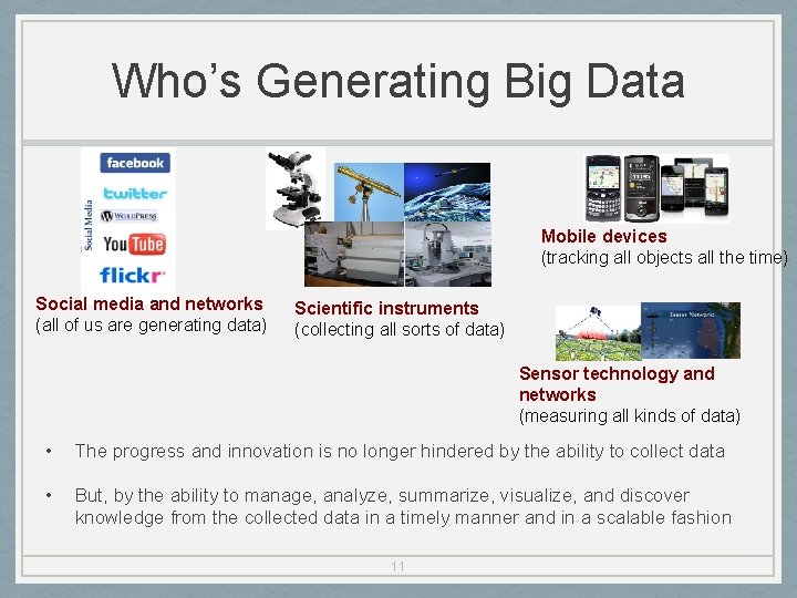 Who’s Generating Big Data Mobile devices (tracking all objects all the time) Social media