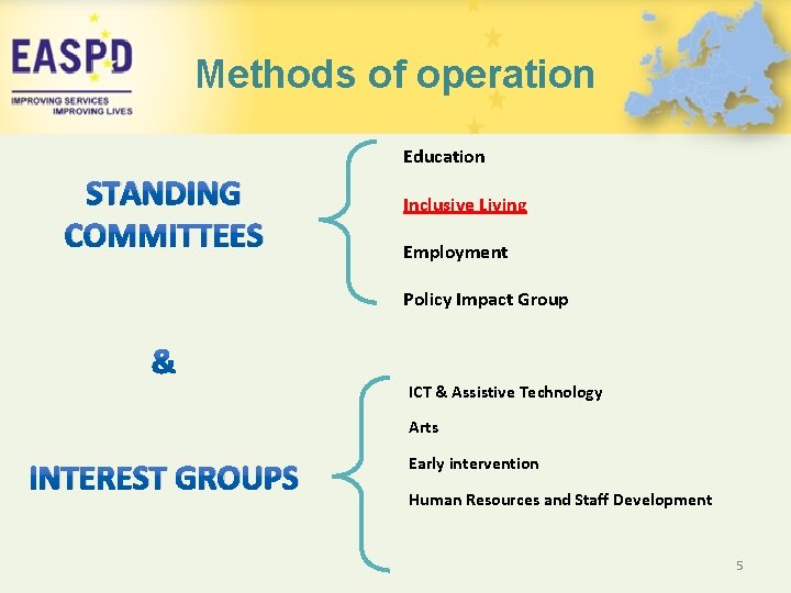 Methods of operation Education STANDING COMMITTEES Inclusive Living Employment Policy Impact Group ICT &