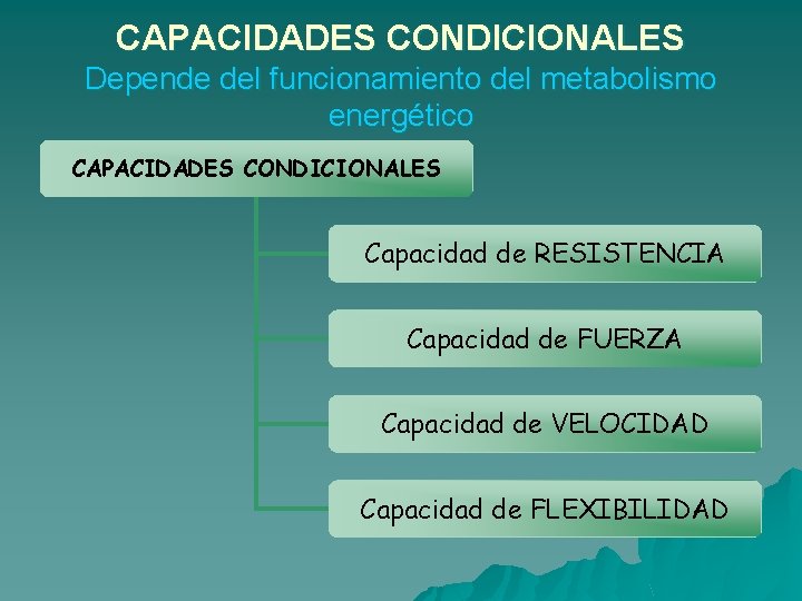CAPACIDADES CONDICIONALES Depende del funcionamiento del metabolismo energético CAPACIDADES CONDICIONALES Capacidad de RESISTENCIA Capacidad