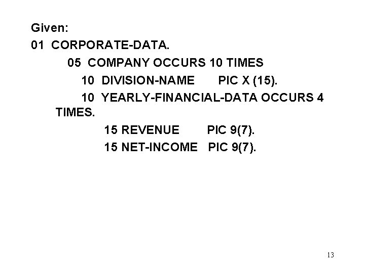 Given: 01 CORPORATE-DATA. 05 COMPANY OCCURS 10 TIMES 10 DIVISION-NAME PIC X (15). 10