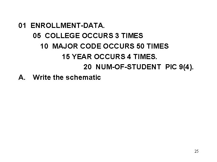 01 ENROLLMENT-DATA. 05 COLLEGE OCCURS 3 TIMES 10 MAJOR CODE OCCURS 50 TIMES 15