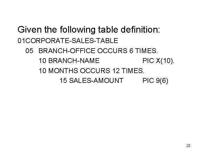 Given the following table definition: 01 CORPORATE-SALES-TABLE 05 BRANCH-OFFICE OCCURS 6 TIMES. 10 BRANCH-NAME