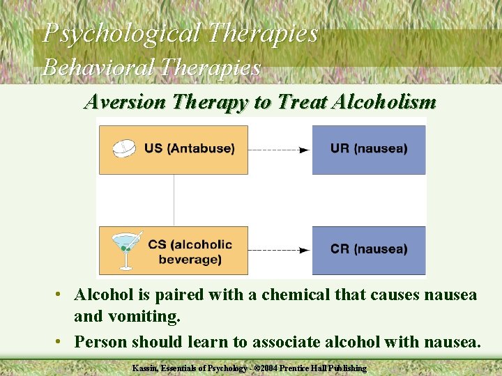 Psychological Therapies Behavioral Therapies Aversion Therapy to Treat Alcoholism • Alcohol is paired with