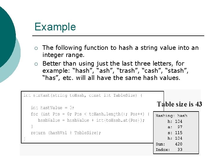 Example ¡ ¡ The following function to hash a string value into an integer Example ¡ ¡ The following function to hash a string value into an integer