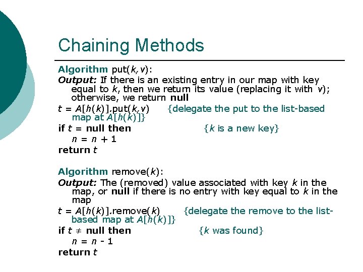 Chaining Methods Algorithm put(k, v): Output: If there is an existing entry in our Chaining Methods Algorithm put(k, v): Output: If there is an existing entry in our