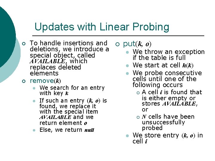 Updates with Linear Probing ¡ ¡ To handle insertions and ¡ put(k, o) deletions, Updates with Linear Probing ¡ ¡ To handle insertions and ¡ put(k, o) deletions,