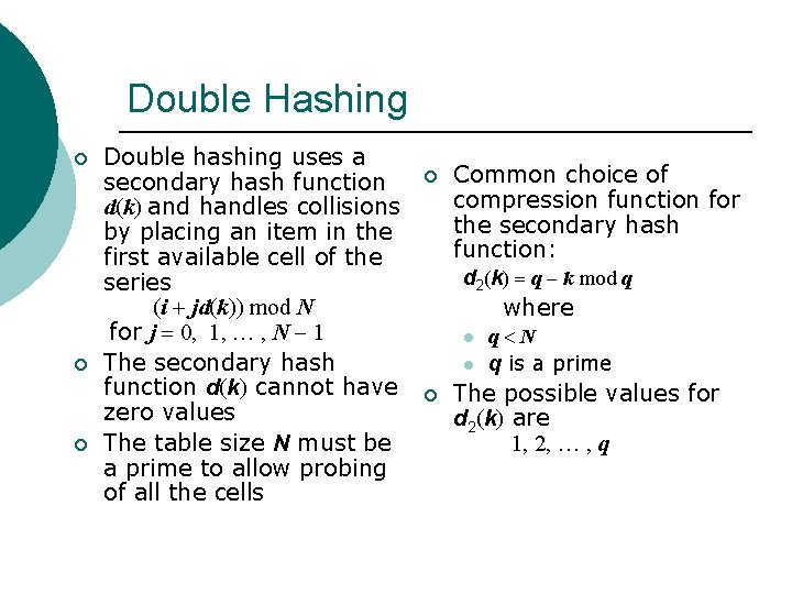 Double Hashing ¡ ¡ ¡ Double hashing uses a secondary hash function d(k) and Double Hashing ¡ ¡ ¡ Double hashing uses a secondary hash function d(k) and