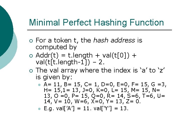 Minimal Perfect Hashing Function ¡ ¡ ¡ For a token t, the hash address Minimal Perfect Hashing Function ¡ ¡ ¡ For a token t, the hash address