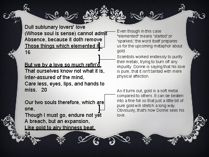 Dull sublunary lovers' love (Whose soul is sense) cannot admit Absence, because it doth